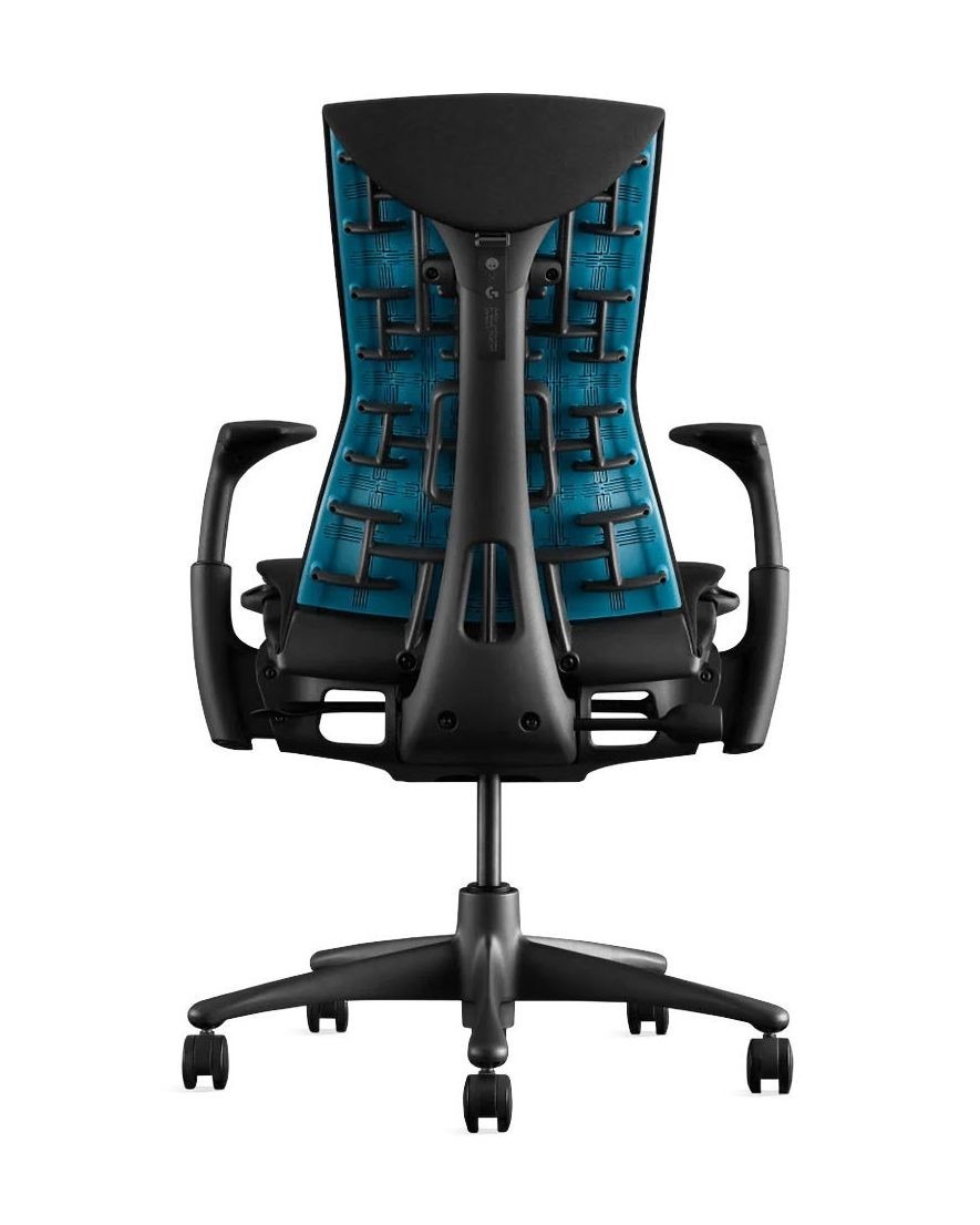Embody Gaming Chair sett bakfra, svart med cyan rygg